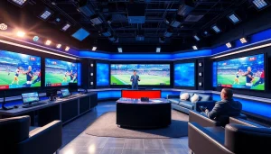 스포츠중계의 생생한 현장을 전달하는 현대적인 방송 스튜디오 모습