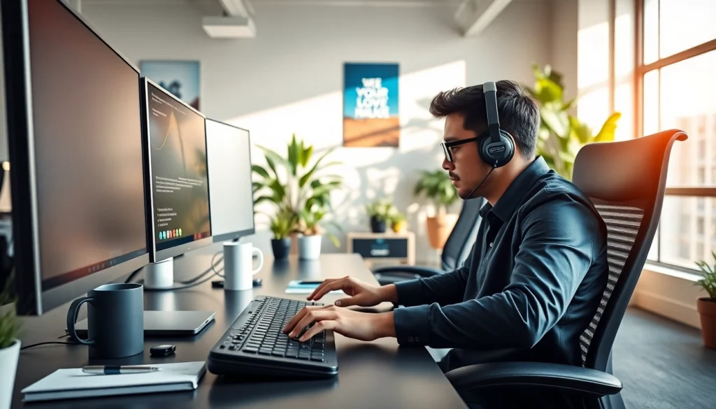 Engaging scene from a typing center showcasing a focused professional at work.