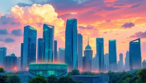 Technology illustration depicting a vibrant futuristic city skyline with innovative structures.