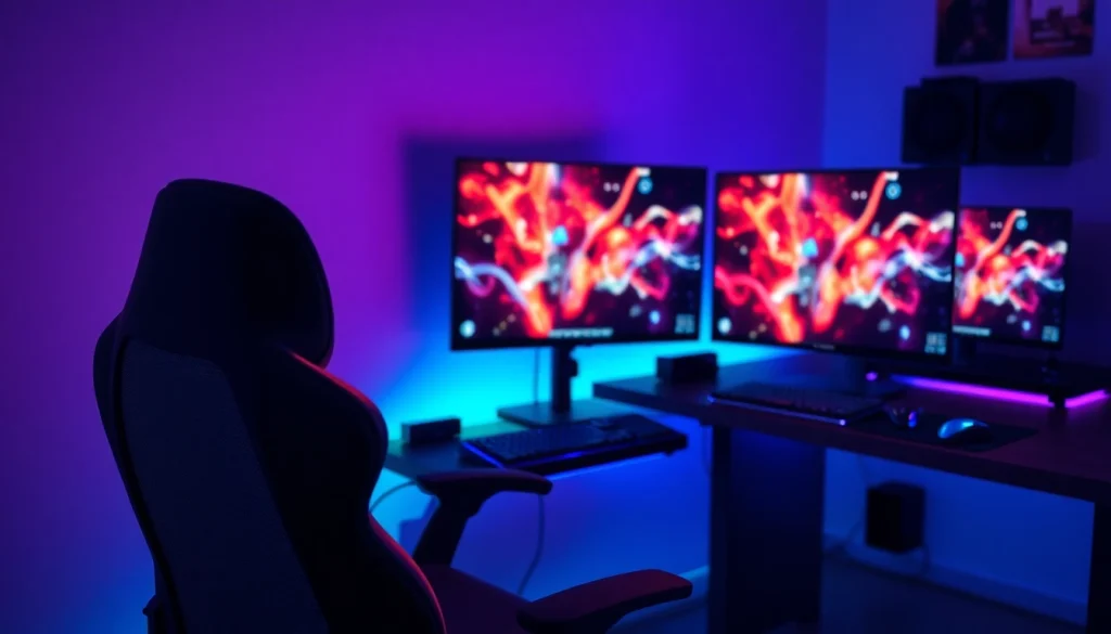 Tampilkan pengalaman slot gacor berlatar ruang permainan modern dengan pencahayaan RGB yang menarik.