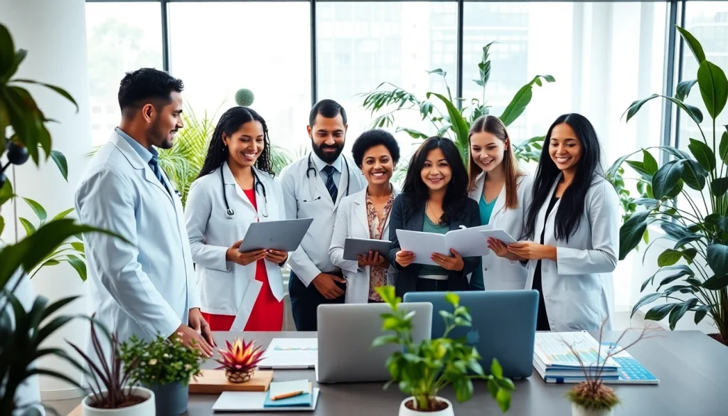 Health experts collaborating in a modern office, focused on improving health solutions.