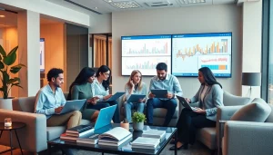 VAT Return Filing session in a modern Dubai office with diverse professionals collaborating on financial reports.