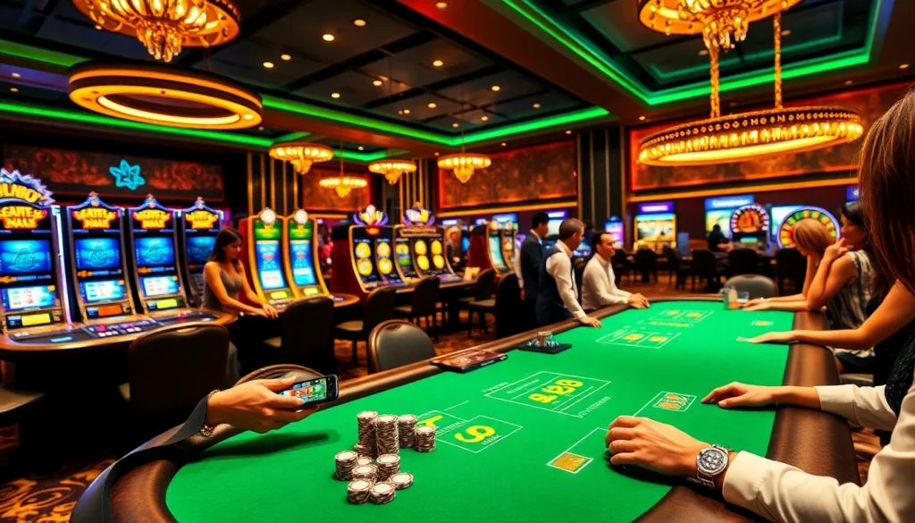 Engaging players at a casino using game s8 handheld devices amidst vibrant gaming tables.
