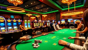Engaging players at a casino using game s8 handheld devices amidst vibrant gaming tables.
