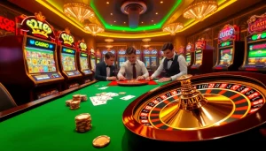 Experience the thrill of gambling at https://32win.football/ with a luxurious casino scene featuring poker tables, vibrant slot machines, and a roulette wheel.