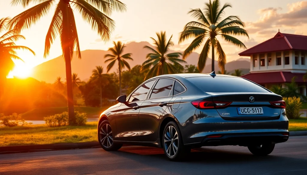 Experience car hire in Kuching with a modern vehicle against stunning landscapes.