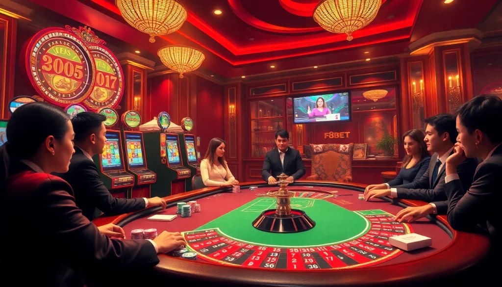 F8BET online casino with vibrant slot machines and roulette wheel in a luxurious setting.