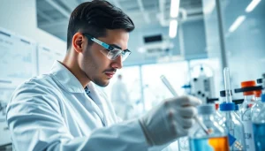 BPC 157 peptide for research: Researcher examining results in a professional lab setting, emphasizing scientific rigor.