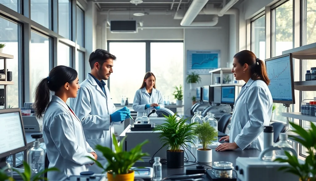 Researchers studying WIN55 cannabinoid effects in a bright, modern lab setting.