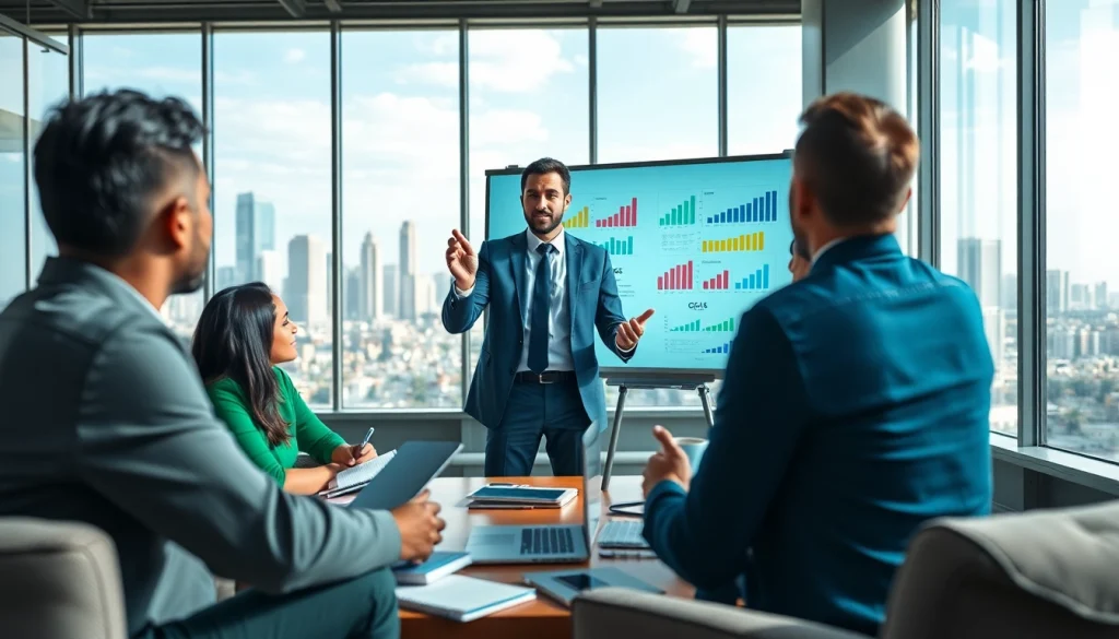 Engaging business coach los Angeles leads a strategy session with a diverse team in an inspiring office.