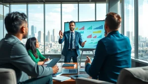 Engaging business coach los Angeles leads a strategy session with a diverse team in an inspiring office.