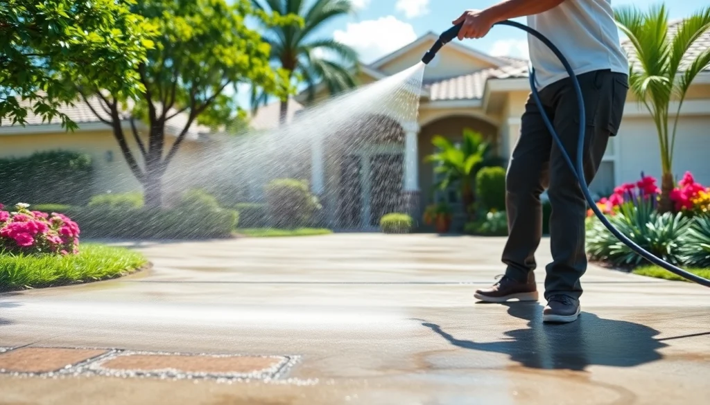 Pressure wash technician cleaning a driveway in Kissimmee, FL, highlighting expert exterior cleaning.