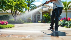 Pressure wash technician cleaning a driveway in Kissimmee, FL, highlighting expert exterior cleaning.