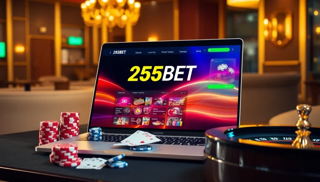 Experience the excitement of 255BET with online gambling elements like poker chips and roulette wheels.