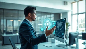 Engaging scene of a professional using a Human Interface with AI, showcasing a collaborative workspace.