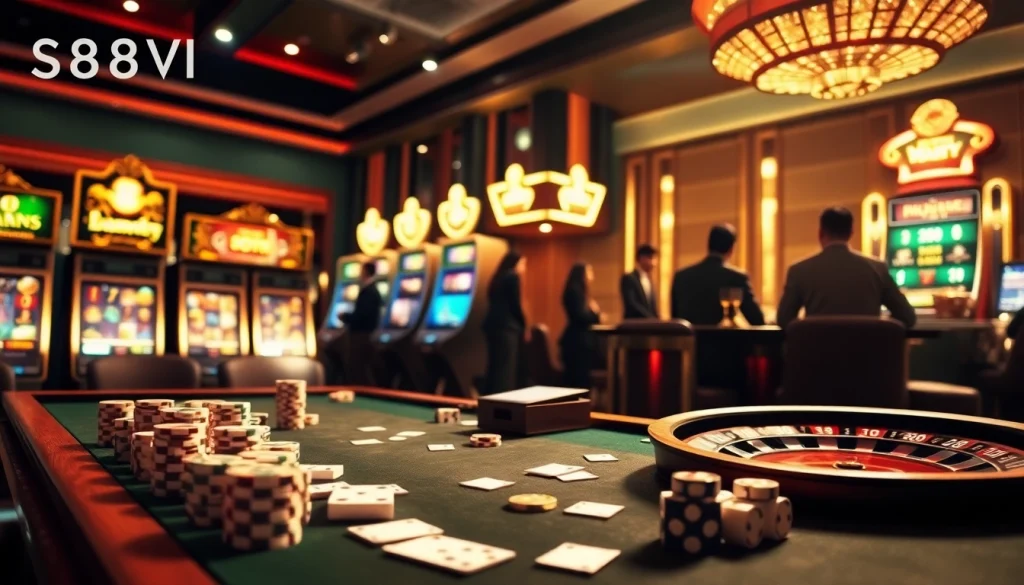 S88VIP casino scene featuring elegant gambling tables, vibrant slot machines, and thrilling roulette wheels.