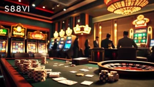 S88VIP casino scene featuring elegant gambling tables, vibrant slot machines, and thrilling roulette wheels.