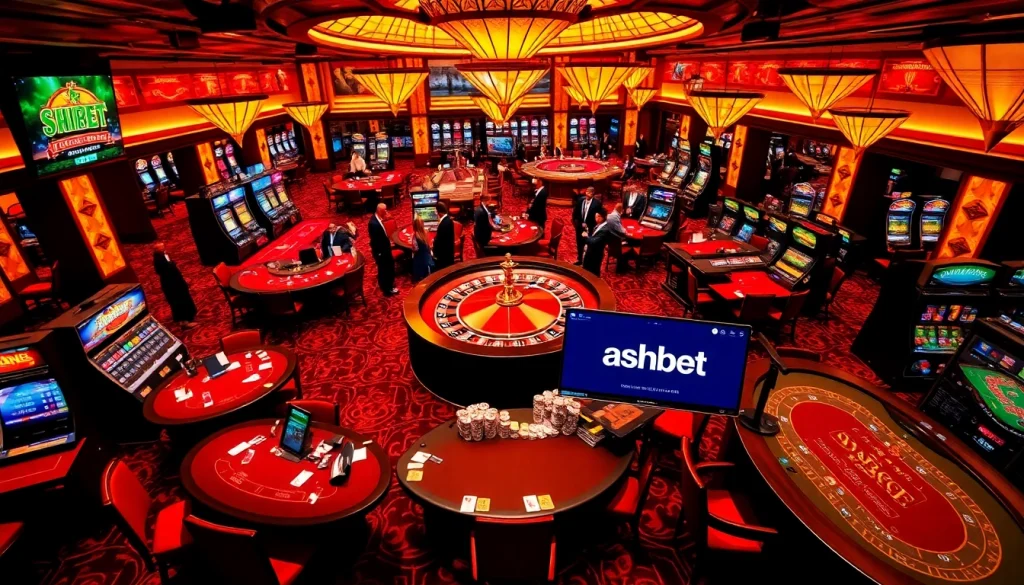 Players enjoying diverse games at SHBET's luxurious casino tables and slot machines.