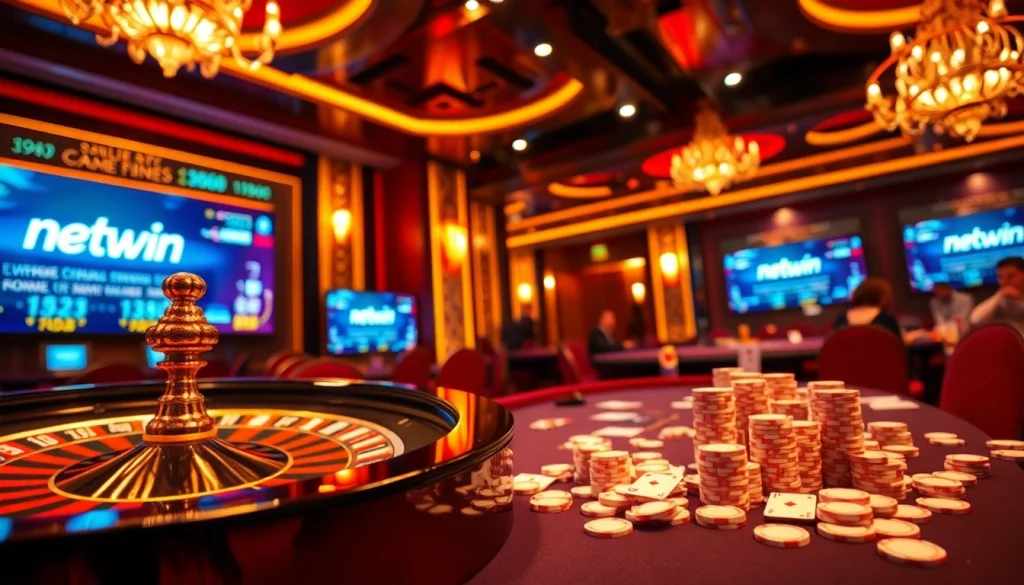 Celebrate a win at netwin's lively casino table filled with poker chips and vibrant game action.