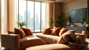 Experience luxurious interior design dubai in a modern living room with natural light and vibrant decor.
