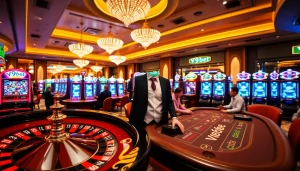 V9bet casino scene showcasing vibrant roulette wheel and poker table action.