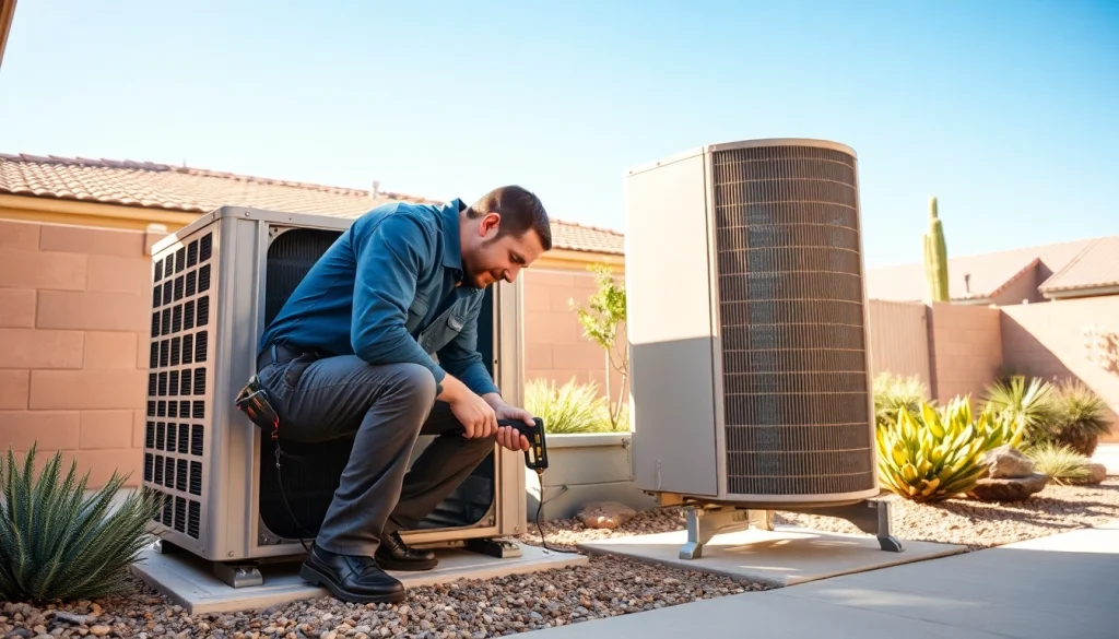 HVAC technician performing ac repair mesa az service in a sunny Mesa backyard.