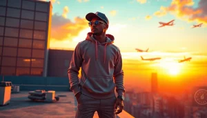 FLY88 aviation-inspired lifestyle scene with trendy apparel and urban landscape.