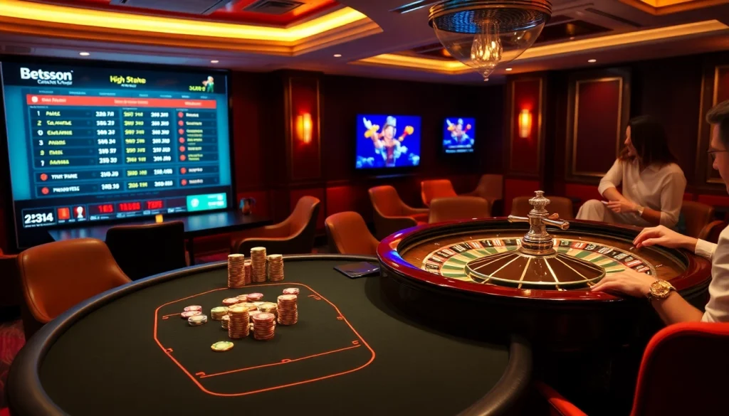 Betsson gaming experience with colorful chips and competitive players at a luxurious casino table.
