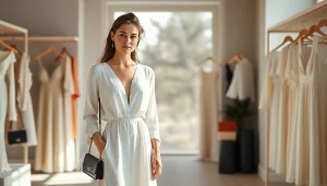 Model showcasing elegantly designed Rivelle clothing in a luxurious boutique setting.