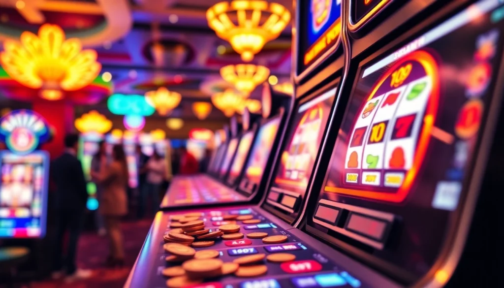 Permainan slot depo 1k yang menarik dengan mesin berkilau dan suasana kasino yang penuh semangat.