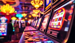 Permainan slot depo 1k yang menarik dengan mesin berkilau dan suasana kasino yang penuh semangat.