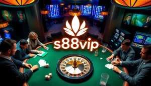 Players strategizing with s88vip poker chips and cards at a luxurious casino table.