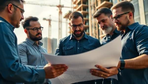 Engaged team discussing blueprints, reflecting collaboration in the Texas association of builders.