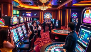 Experience the thrill of Slot Gacor Hari ini with colorful slot machines and excited gamblers.