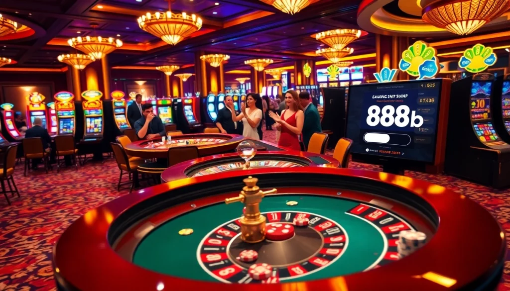 Exciting casino scene showcasing đăng nhập 888b with roulette and poker elements.