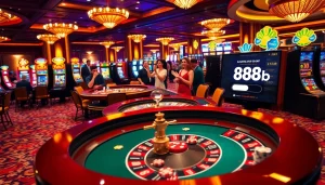 Exciting casino scene showcasing đăng nhập 888b with roulette and poker elements.