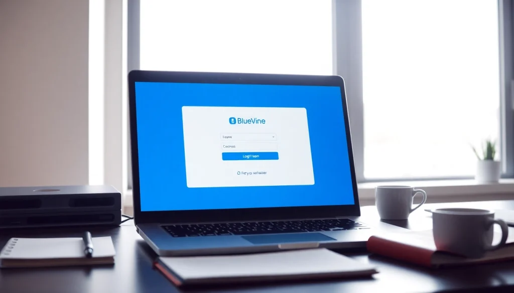 Access the BlueVine login page safely with this modern workspace image showing a laptop in use.