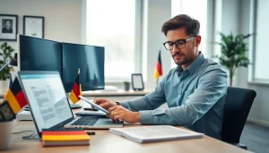 Cadre professionnel présentant un traducteur assermenté allemand travaillant avec des documents.