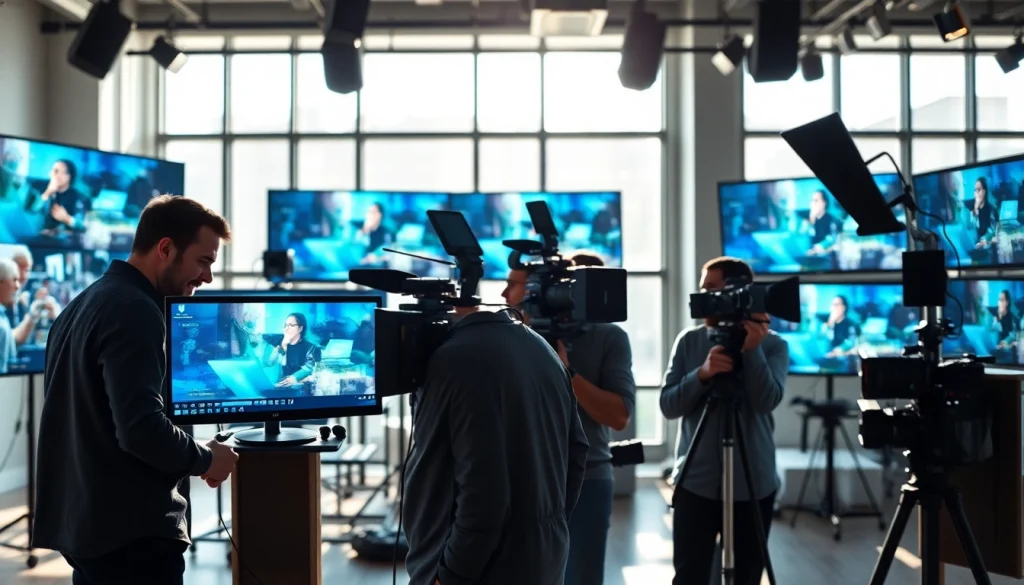 Capture of corporate video production process showcasing professionals at work.