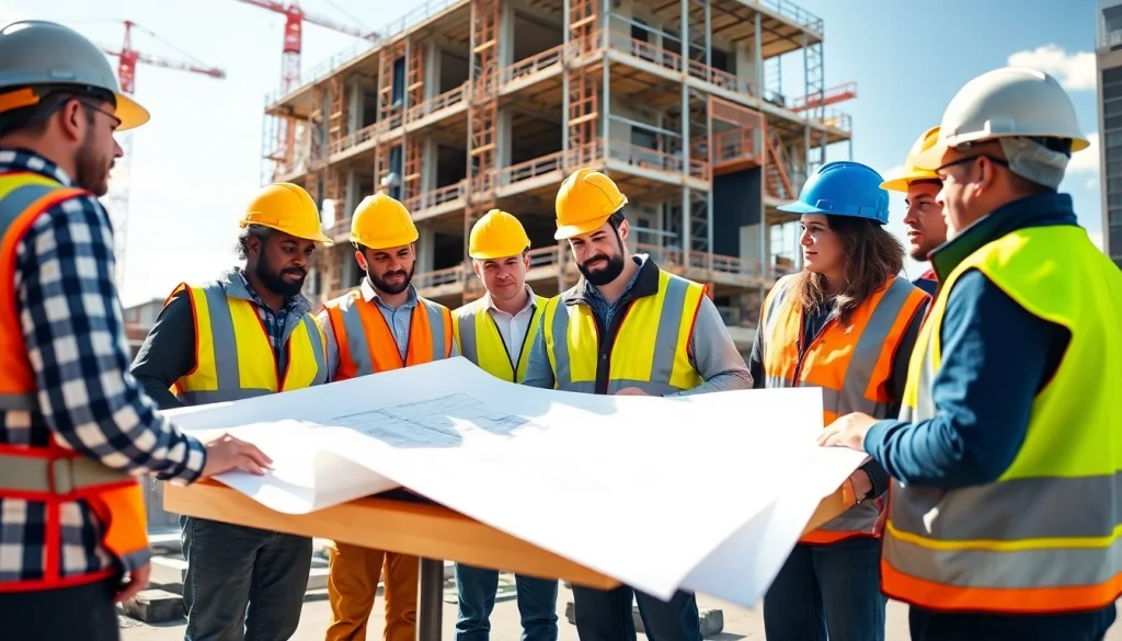 Engaged team in construction advocacy colorado reviewing blueprints on an urban site.