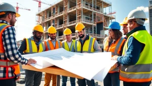 Engaged team in construction advocacy colorado reviewing blueprints on an urban site.