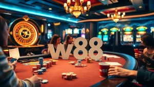 Players enjoying a winning moment at the w88 casino table surrounded by vibrant games.