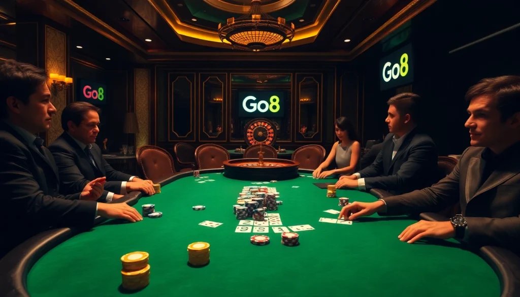 Go8 players enjoying high-stakes poker with vibrant chips and cards in an upscale casino.