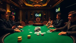 Go8 players enjoying high-stakes poker with vibrant chips and cards in an upscale casino.