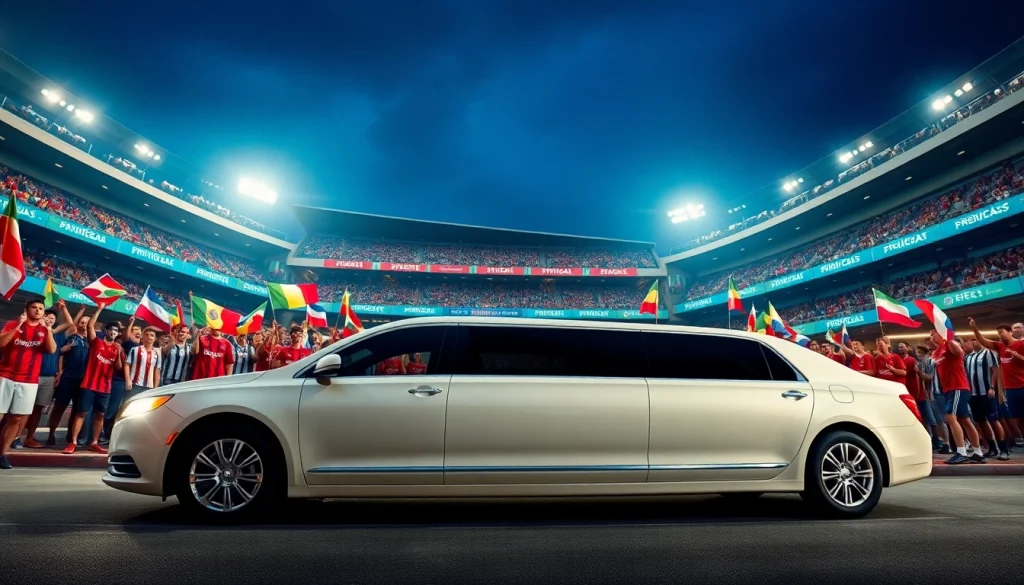 Luxury World Cup Group Transportation experience with a limousine outside a vibrant stadium.