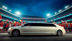 Luxury World Cup Group Transportation experience with a limousine outside a vibrant stadium.