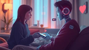 Engaging interaction with an AI chatbot representing the theme of sex ai in a warm, inviting setting.