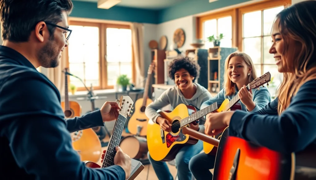 Engaging guitar lessons at https://guitarlessons.co.uk with a professional instructor guiding students.