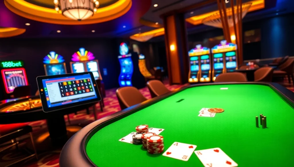Experience thrilling gaming at 188bet with a vibrant poker table and advanced casino technology.