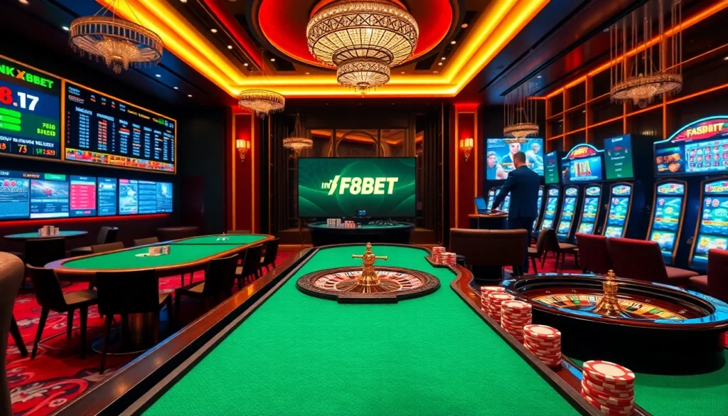 Gambling enthusiasts engaging with the Link F8BET online interface in a luxurious casino.